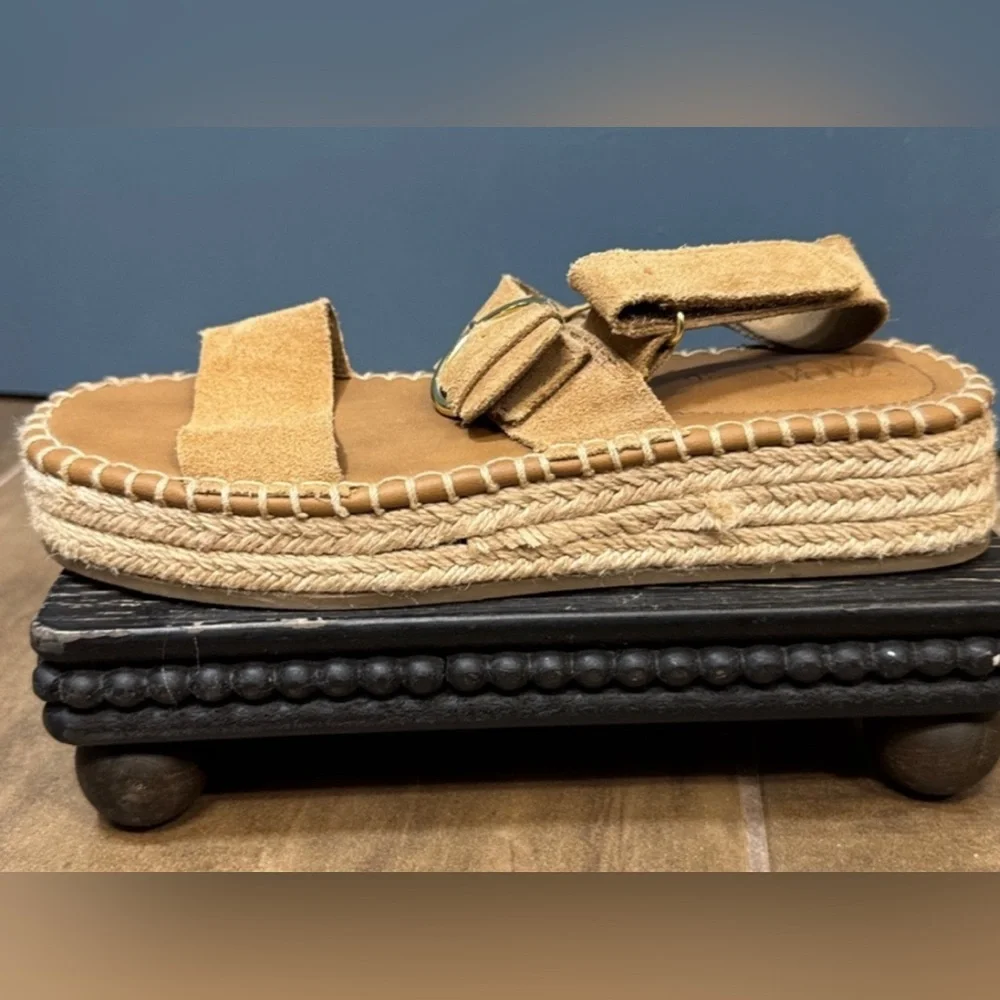 Zara Suede Leather Espadrille Sandals Tan Ankle Strap Flat Boho EU 36 US 6